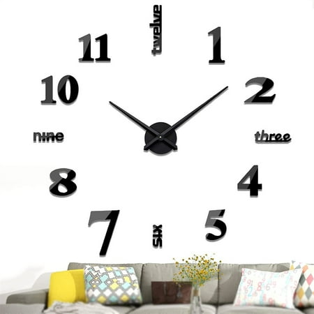 GLFILL 3D Mirror Surface Large Wall Clock Modern DIY Sticker Office Home Shop Art Decor Black L