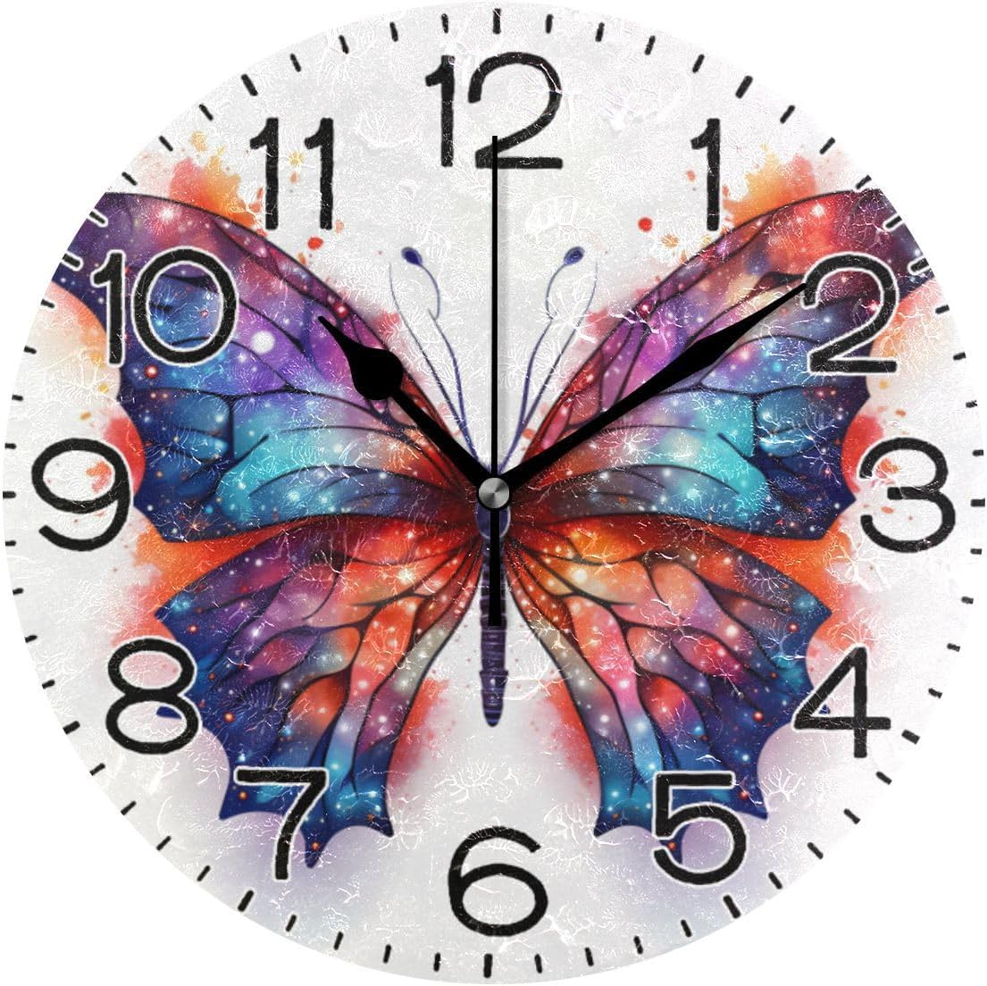 Glitter Purple Butterfly Wall Clock Battery Operated Non Ticking Silent Quartz Analog Rustic Farmhouse Round Clock Retro Decor for Home Kitchen Living Room Bathroom