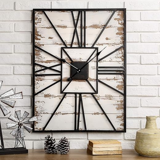 Glitzhome Large Vintage Rectangle Metal Wall Clock 31.5 Inch, Battery Operated Industrial Home Decor for Kitchen Entryway Living Room Office, 31.5, Black