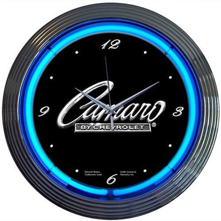 GM Camaro Script Genuine Electric Neon 15 Inch Wall Clock Glass Face Chrome Finish USA Warranty