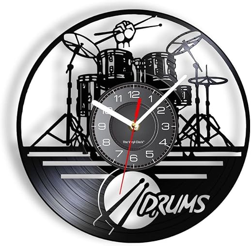 gofidin Acrylic Vinyl Record Wall Clock,Black Creative Clock Wall Decor,Drum Kit Musical Instrument Modeling Wall Hanging Clock Home Decoration