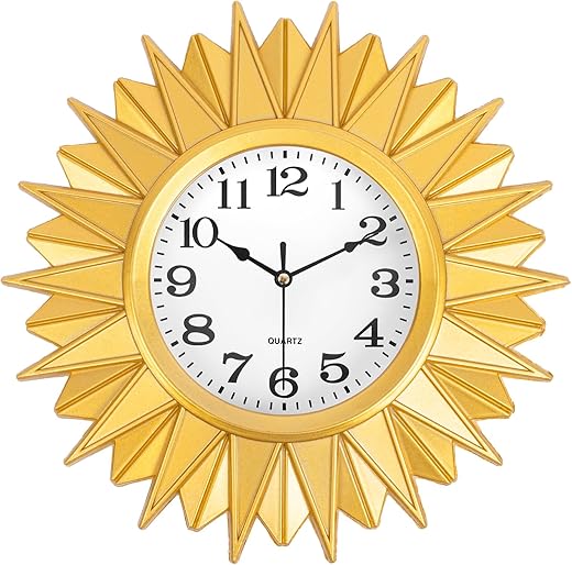 Gold Sunburst Wall Clock for Living Room Decor, 10 Inch Small Analog Wall Clocks Battery Operated, Boho Wall Clock for Kitchen, Office, Bathroom, Bedroom