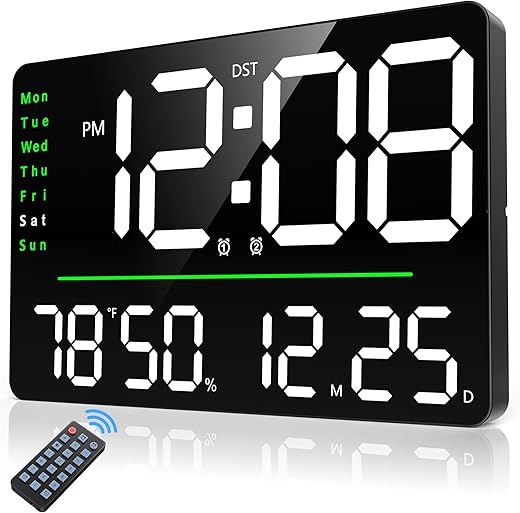 GOLOZA 16" Large Digital Wall Clock with Remote Control, DST, Stopwatch, Timer, Auto/Custom Dimmer, Temp, Humidity, Dual Alarms, Mounted, Room Décor for Living Room/Gym/Garage, Gift for Elderly