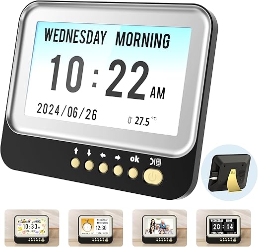 GOLSPARK Digital Calendar Clock, Black 7 Inch Digital Clock Large Display with Custom Alarms and Medicine Reminders, Dementia Clock for Seniors with 6 Diaplay Modes Auto Dimmable Temperature Date