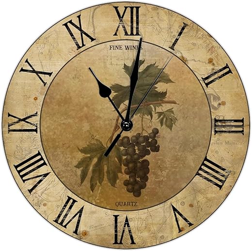 Grape Wine Clock French Paris Retro Kitchen Clock Wine 15 Inch Large Wall Clocks Battery Operated Non-Ticking Roman Numerals Farmhouse Wall Decor Home Decor for Office School Bathroom