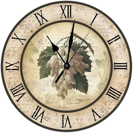 Grape Wine Wall Clock Vintage Wine Time Frameless Clocks 10inch Silent Non-Ticking Battery Operated Wall Decorative Clock for Classroom Office Nursery Bedroom Kids Room