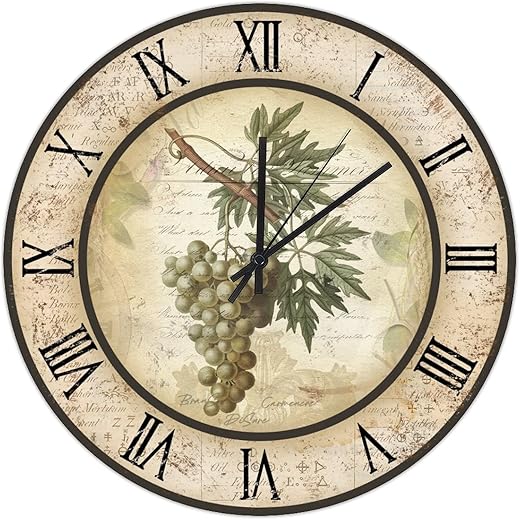 Grape Wine Wood Wall Clocks Antique Farm Brown Barrel Numeral Clocks 15inch Silent Non-Ticking Battery Operated Wood Wall Clock Decoration for Home Decorative Loft Living Room Decor