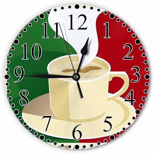 Green Red Beige Coffee Wall Clock 10 Inch Battery Operated Italy Espresso Cappuccino with Italian Flag Clock Silent Non-Ticking Modern Clocks Decorative for Home Kitchen Living Room Bathroom Office