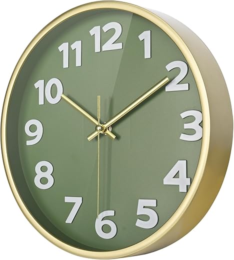 Green Wall Clock 10" Modern - Battery Operated Quality Quartz Non-Ticking Silent Wall Clocks for Kitchen Bedroom Office Home Decor