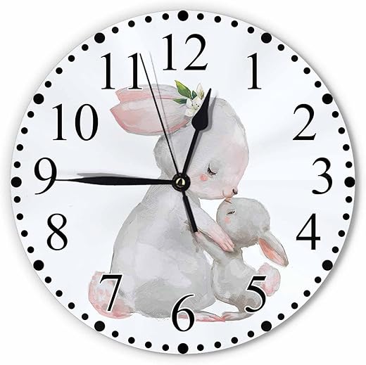 Grey Rabbit Wall Clock Cute Animal Hare Mom with Little Bunny with Flower Leaves Clock 10 Inch Silent Non-Ticking Clocks Battery Operated for Home Living Laundry Room Kitchen Bedroom Office