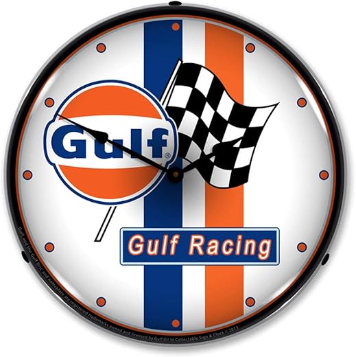 Gulf Racing LED Wall Clock, Retro/Vintage, Lighted, 14 inch