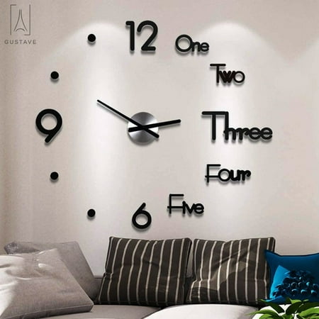 GustaveDesign Frameless Large 3D DIY Wall Clock, Modern Design Creative Mute Wall Clock for Home Office Decor Mirror Surface Clock Sticker (Black)