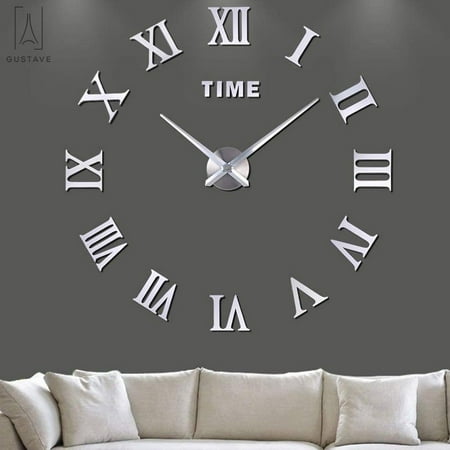 Gustave Modern 3D DIY Large Wall Clock, Frameless Mirror Surface Wall Sticker Home Décor for Living Room Bedroom (Silver)