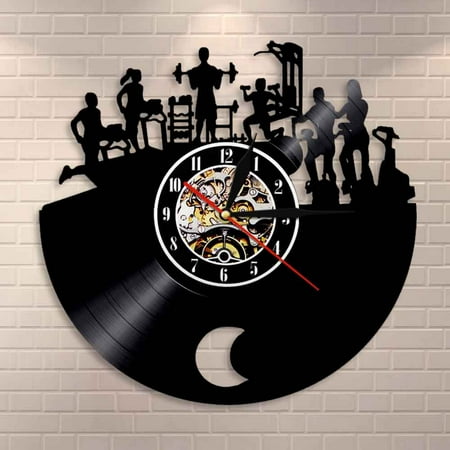 GYM Muscletech Wall Clock Fitness Vintage Vinyl Record Clock Bodybuilder Decorative Clock Sport GYM Activity Workout Wall Decor