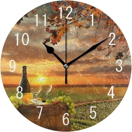 GZHJMY Home Decor Sunset White Wine with Barrel on Vineyard Sunset Round Acrylic 9.5 Inch Wall Clock Non Ticking Silent Clock Art for Living Room Kitchen Bedroom