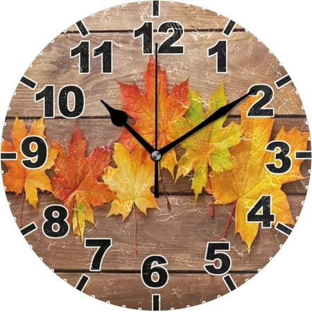 GZHJMY Maple Leaves on Wood Round Wall Clock, Battery Operated Silent Non Ticking Desk Clock for Home Bedroom Kitchen Office School Decor Wall Clock 9.9 Inch