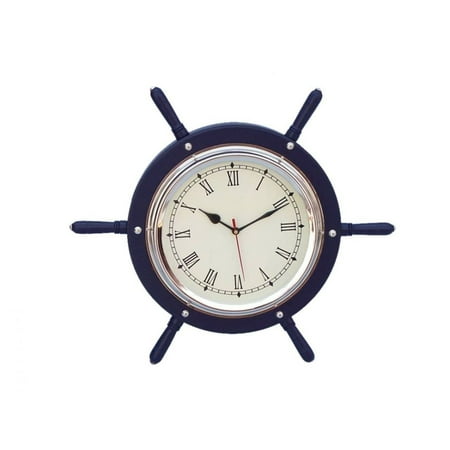 Hampton Nautical SW-1753-CH-Blue Wood and Chrome Ship Wheel Clock, 15, Dark Blue