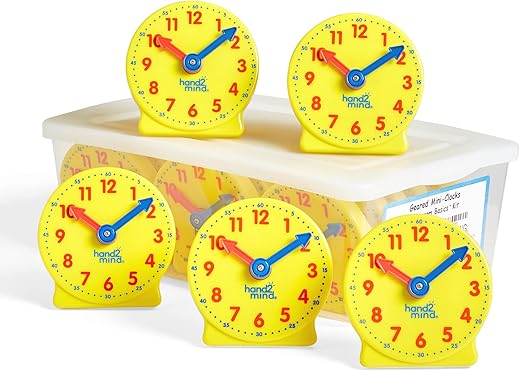 hand2mind Mini Geared Clock, Telling Time Teaching Clock, Learn to Tell Time Clock, Analog Learning Clock, Clock for Kids Learning to Tell Time, Teaching Time Classroom Clock (Set of 24)