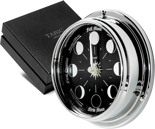 Handmade Prestige Chrome Moon Phase Clock - Elegant Full Moon Wall Clock with Jet Black Dial, Stunning Look with Mirrored Backdrop and Chrome Hands, Perfect Decorations and Gift