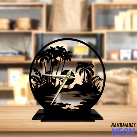 Handmadetneonsign Ocean Wave Tabletop Metal Clock, Palm Tree Desktop Clock, Beach Clock Home Decor 047401