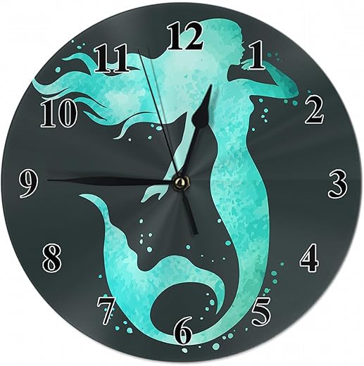 Hand Painted Mermaid Wall Clock Watercolor Fish Tail Fantasy Fairy Tale Farmhouse Unique Large Clock Wall Non-Ticking Decor for Home Office School Classroom, 10 Inch, A1248