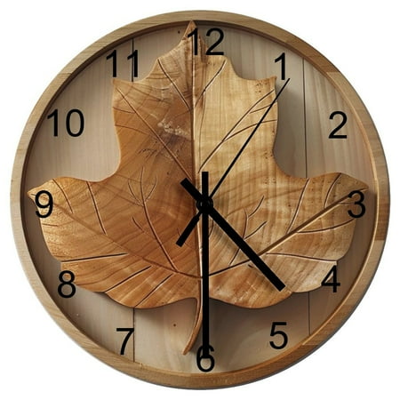 Hanmun Maple Leaf Wall Clock 11.8 Inch Battery Operated Silent Non Ticking Wooden for Living Room, Office