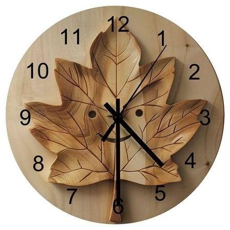 Hanmun Maple Leaf Wall Clock 11.8 Inch Battery Operated Silent Non Ticking Wooden for Living Room, Office