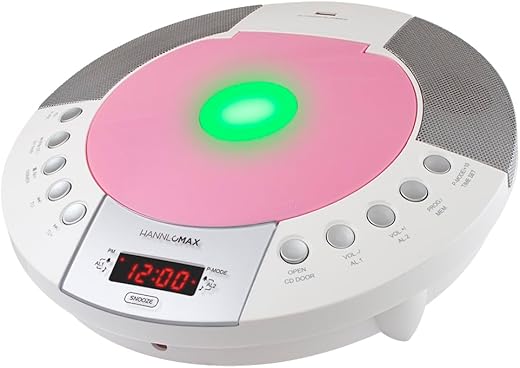 HANNLOMAX HX-330CD CD Player, FM Radio, Bluetooth, Alarm Clock, Red LED Display, USB Port for Charging and MP3 Playback, Aux-in, Remote Control included, AC Operation only. (Pink)