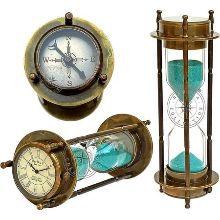 Hanzla Collection Marine Antique Brass Compass Hourglass Nautical Maritime Sand Timer & Desk Clock Vintage Hour Glass Metal Sand Watch Sand Clock Decorative Sandglass for Gift & Home Desk Office Decor