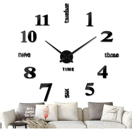 Happydeer Frameless DIY Wall Clock,Large Modern Mirror Wall Clock Decor Sticker DIY Clock kit for Home Living Room Bedroom Office Wall Decorations(Black)