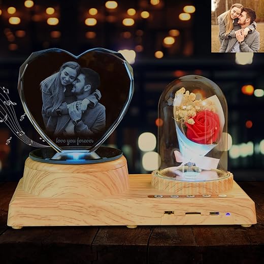 Heart-Shaped Photo Customization Night Light Personalized 3D Crystal Lamp 7 Color Light Rose Bluetooth Rotation Crystal Photo Frame Best Gift for Couple Love Women Men Wedding Christmas