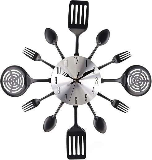 Hedume 16" Kitchen Wall Clock, Large Kitchen Cutlery Wall Clock with Spoons and Forks, 3D Removable Modern Creative Wall Decal Wall Sticker Room Home Decoration