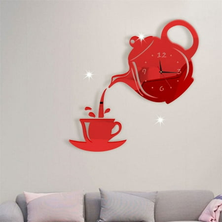 Hengtai Home Decor DIY Modern 3D Kettle Teacup Mirror Wall Clock Home Office Interior Decoration Red