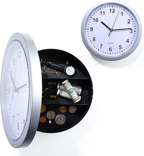 Hidden Safe Wall Clock, Valuables Diversion Safe, 10 inch Plastic Clock Secret Safe for Room，Hidden Compartment Container Box, Key Hidden Safe Storage- Silver