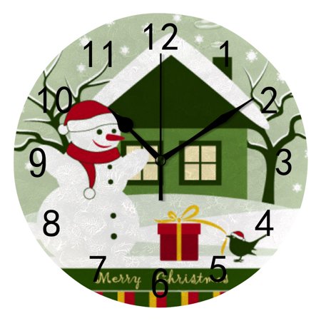 Hidove Round Wall Clock Home Decorative, Snowman and Bird with Gift in Snowy Garden Wall Clock 10 inch Silent Non Ticking Quartz Battery Operated Clock Easy to Read