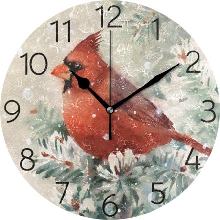 Hidove Winter Cardinal Bird Wall Clock 9.8 Inch Silent Round Wall Clock Battery Operated Non Ticking Creative Decorative Clock for Kids Living Room Bedroom Office Kitchen Home Decor