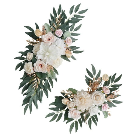 HILABEE 2Pcs Artificial Floral Swag Wedding Arch Flowers Green Leaves Rustic Silk Flowers Welcome Sign Decoration for Ceremony Window pink and white