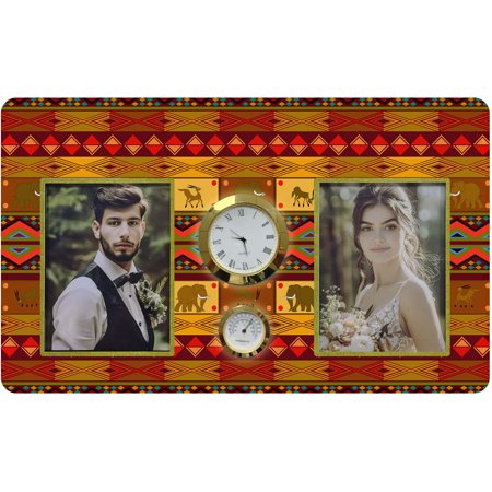 HiPhotoArt Ethnic Pattern Tempered Glass Family Couple Photo Picture Frame with Clock and Thermometer for Wall Hanging and Tabletop Display