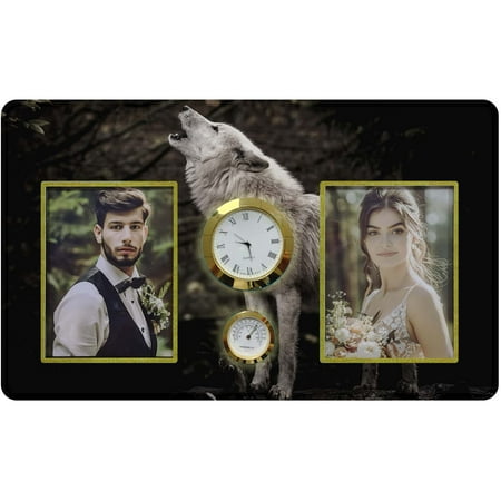 HiPhotoArt Howling Wolf In The Dark Tempered Glass Family Couple Photo Picture Frame with Clock and Thermometer for Wall Hanging and Tabletop Display