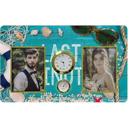 HiPhotoArt Last Minute Summer Beach Holiday Season Tempered Glass Family Couple Photo Picture Frame with Clock and Thermometer for Wall Hanging and Tabletop Display