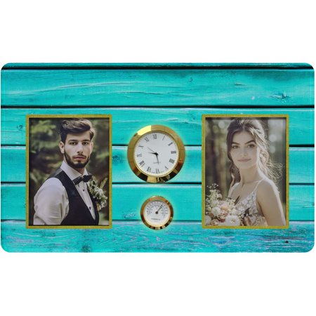 HiPhotoArt Painted Old Wooden Wall Tempered Glass Family Couple Photo Picture Frame with Clock and Thermometer for Wall Hanging and Tabletop Display