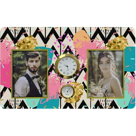 HiPhotoArt Zigzag striped Tempered Glass Family Couple Photo Picture Frame with Clock and Thermometer for Wall Hanging and Tabletop Display