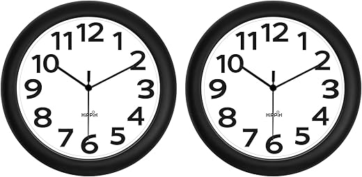 HIPPIH 2 Pack Silent Wall Clock, 10 Inch Non Ticking Quiet Digital Sweep Decorative Battery Operated Wall Clocks for Living Room Bedroom Kitchen School Office Decor, Black