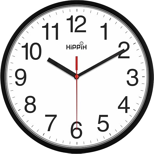 HIPPIH Clock Black Wall Clock Silent Non Ticking Quality Quartz - 10 Inch Round Easy to Read for Home Office & School Decor Clock