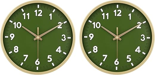 HIPPIH Wall Clock 2 Pack, 10 Inch Modern Wall Clocks Battery Operated, Non Ticking Silent Wall Clock, Simple Small Analog Wall Clock for Living Room, Bedroom, Kitchen, School, Office, Green