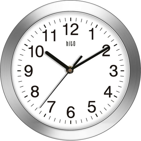 HITO 10 Inch Silent Wall Clock Battery Operated Non Ticking Glass Cover Silver