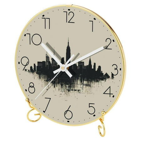 HOHODIY 9.4 inch Painted Wall Clock with Metal Stand, Quartz Movement Silent Non Ticking Wall Clocks Modern, Decor for Home/Bedroom/Office/Classroom，New York City skyline