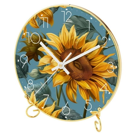 HOHODIY 9.4 Inch Wall Clock with Metal Stand, Quartz Movement Silent Non Ticking, Tempered Glass Decor for Home/Bedroom/Office/Classroom/School，Retro Flower Sunflower