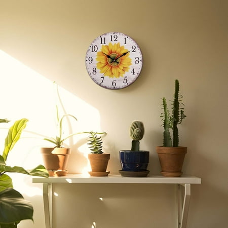 Holloyiver 12 Inch Sunflower Kitchen Wall Clock Rustic Farmhouse Clocks, Thick Wood Home Decor Clock for Bedroom, Office, Dinning Room, Silent Battery Operated