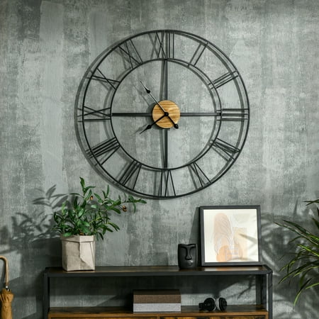 HOMCOM 36 Inch Large Wall Clock, Silent Non Ticking Wood Metal Farmhouse Roman Numeral Clocks for Living Room Decor, Battery Operated, Black